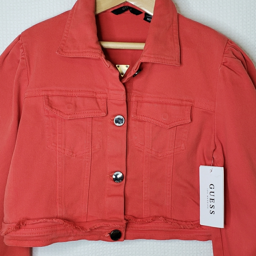 NWT Guess Girls 8-10 Red Orange Cropped Denim Jean Jacket